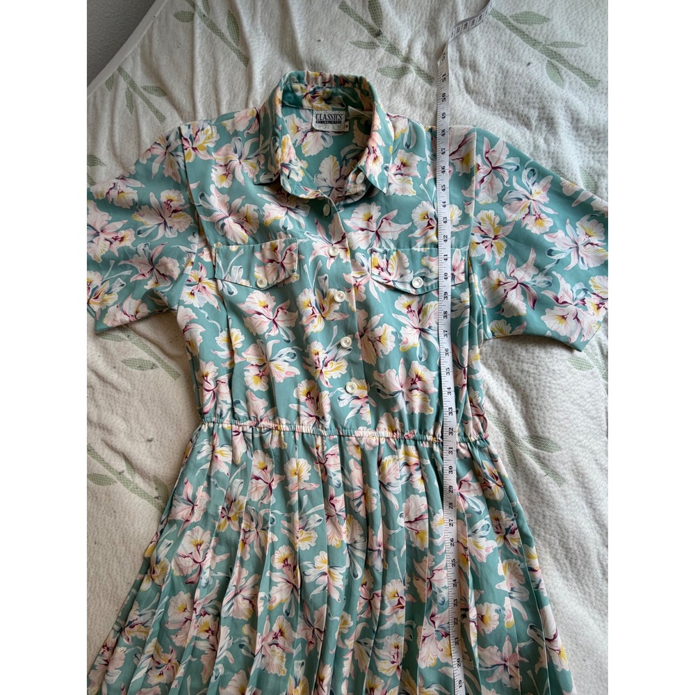 Vintage Classics by Leslie Fay Mint Floral Pleated Midi Shirt Dress Size 8 Retro - Picture 2 of 8